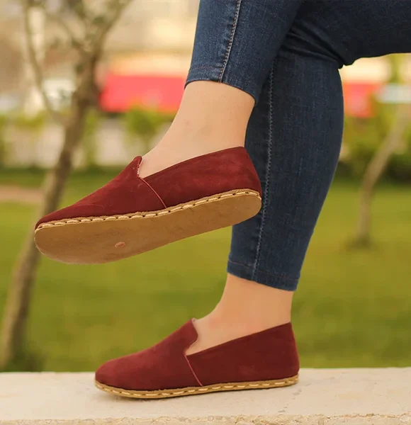 Handmade Women Burgundy Nubuck Barefoot Loafers