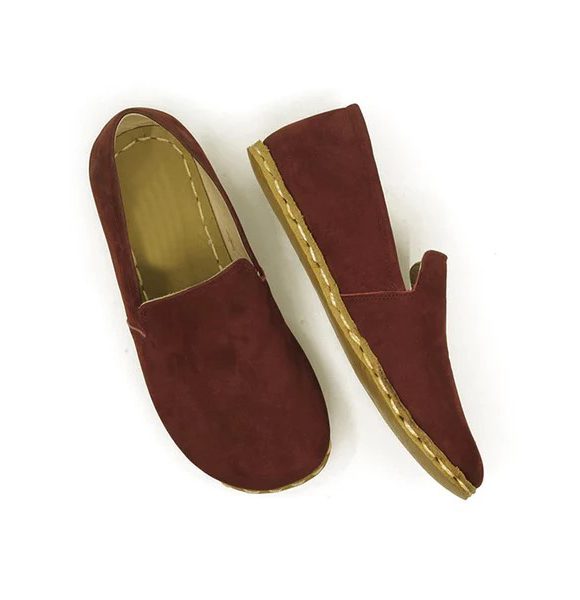 Handmade Women Burgundy Nubuck Barefoot Loafers