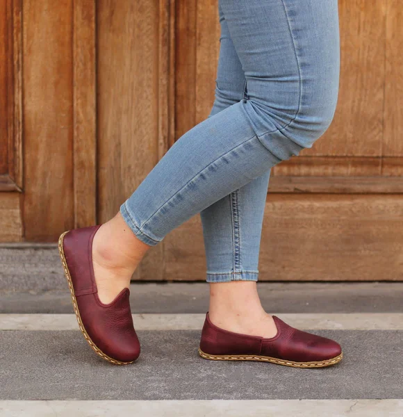 Handmade Women Burgundy Turkish Slip On Shoes