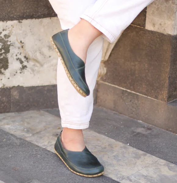 Women Handmade Dark Green Barefoot Flat Shoes