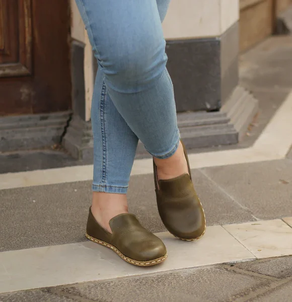 Handmade Women Green Barefoot Loafers