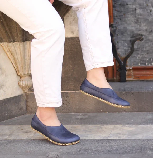 Women Handmade Navy Blue Barefoot Flat Shoes