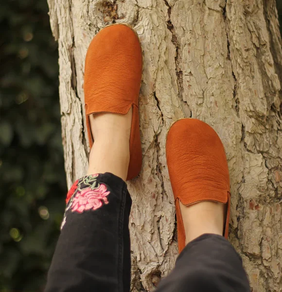 Handmade Women Orange Nubuck Barefoot Loafers