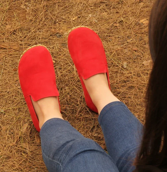 Handmade Women Red Nubuck Barefoot Loafers