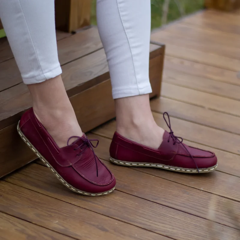 Women Handmade Burgundy Barefoot Boat Shoes