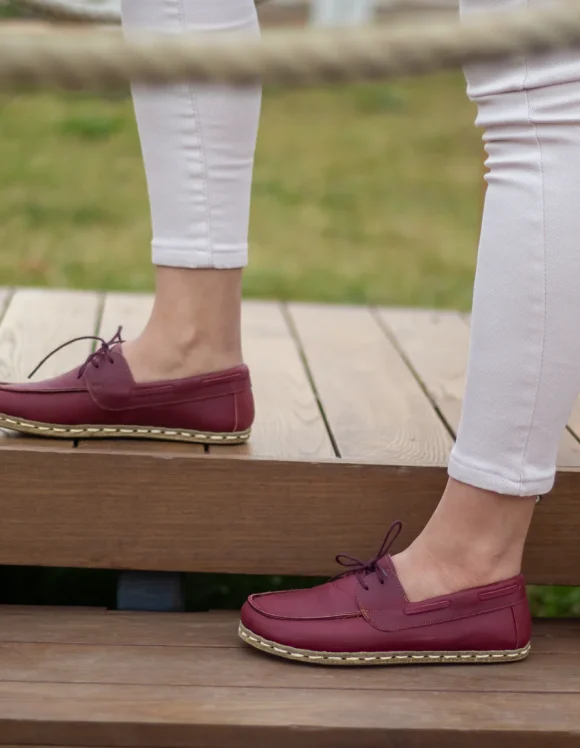 Women Handmade Burgundy Barefoot Boat Shoes