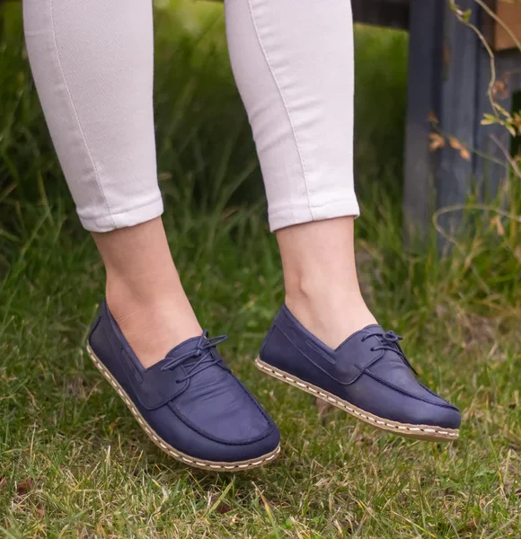 Women Handmade Navy Blue Barefoot Boat Shoes