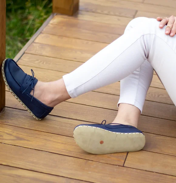 Women Handmade Navy Blue Barefoot Boat Shoes