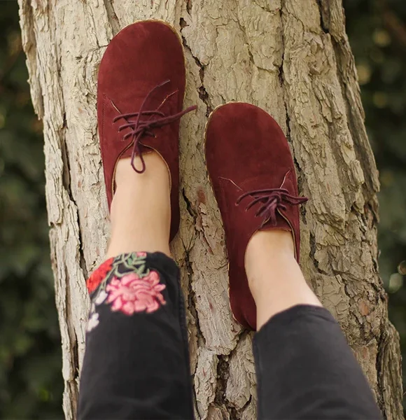 Handmade Nubuck Burgundy Barefoot Oxfords