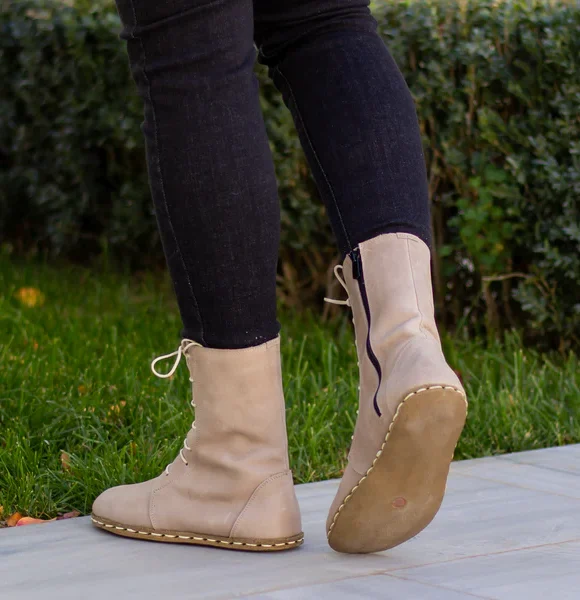 CHIC WITH Women Handmade Beige Barefoot Boots