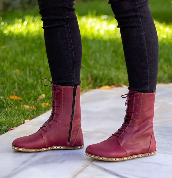 CHIC WITH Women Handmade Burgundy Barefoot Boots