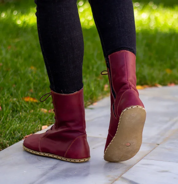 CHIC WITH Women Handmade Burgundy Barefoot Boots