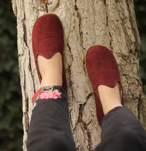 Women Handmade Burgundy Nubuck Turkish Slip On Shoes