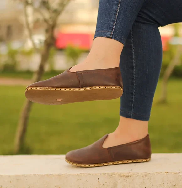 Women Handmade Coffee Brown Turkish Slip On Shoes