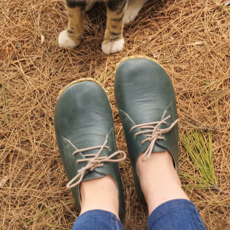 Women Handmade Dark Green Barefoot Oxfords