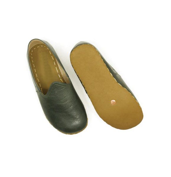 Women Handmade Dark Green Turkish Slip On Shoes