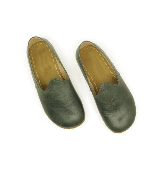 Women Handmade Dark Green Turkish Slip On Shoes