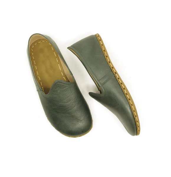 Women Handmade Dark Green Turkish Slip On Shoes