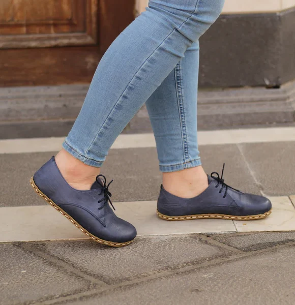 Women Handmade Navy Blue Barefoot Oxfords