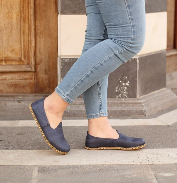 Women Handmade Navy Blue Turkish Slip On Shoes