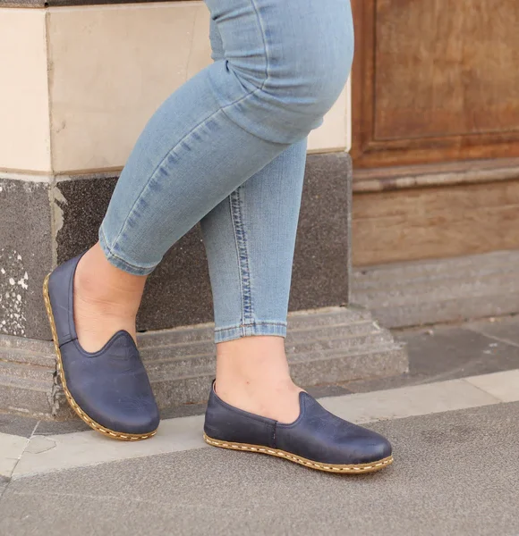 Women Handmade Navy Blue Turkish Slip On Shoes