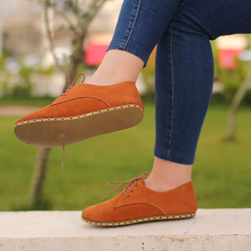 Women Handmade Nubuck Orange Barefoot Oxfords