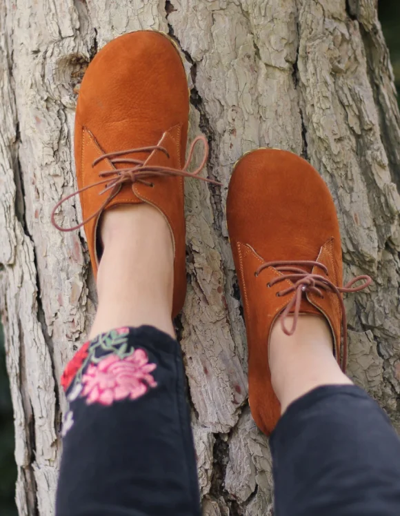 Women Handmade Nubuck Orange Barefoot Oxfords