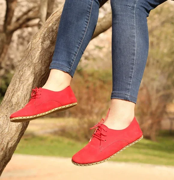 Women Handmade Nubuck Red Barefoot Oxfords