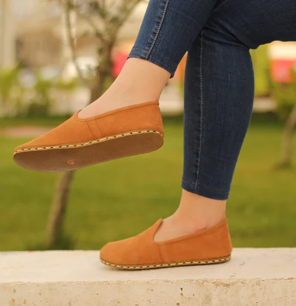 Women Handmade Orange Nubuck Turkish Slip On Shoes