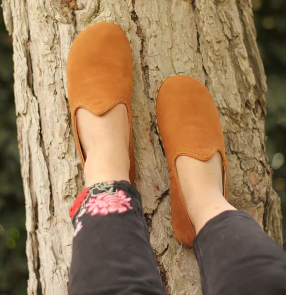 Women Handmade Orange Nubuck Turkish Slip On Shoes