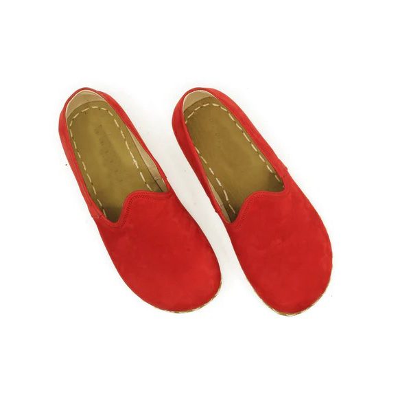 Women Handmade Red Nubuck Turkish Slip On Shoes