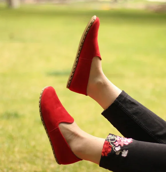 Women Handmade Red Nubuck Turkish Slip On Shoes