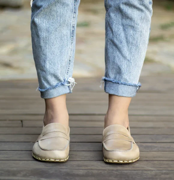 Handmade Beige Barefoot Earthing Women Penny Loafers