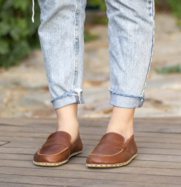 Handmade Brown Barefoot Earthing Women Penny Loafers