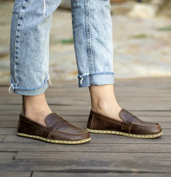 Handmade Coffee Brown Barefoot Earthing Women Penny Loafers