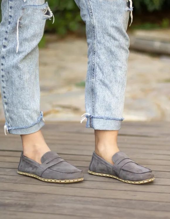 Handmade Gray Nubuck Barefoot Earthing Women Penny Loafers