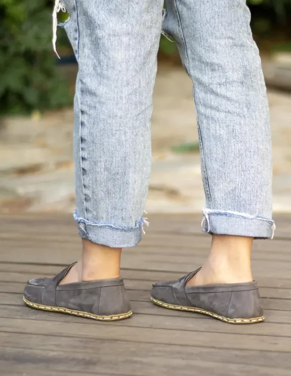 Handmade Gray Nubuck Barefoot Earthing Women Penny Loafers