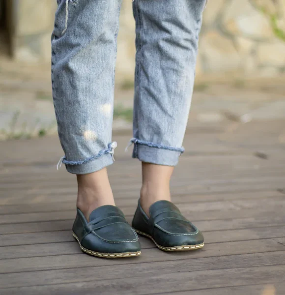 Handmade Green Barefoot Earthing Women Penny Loafers