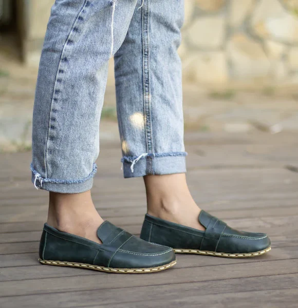 Handmade Green Barefoot Earthing Women Penny Loafers