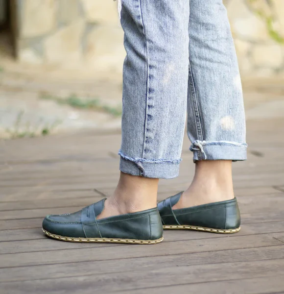 Handmade Green Barefoot Earthing Women Penny Loafers