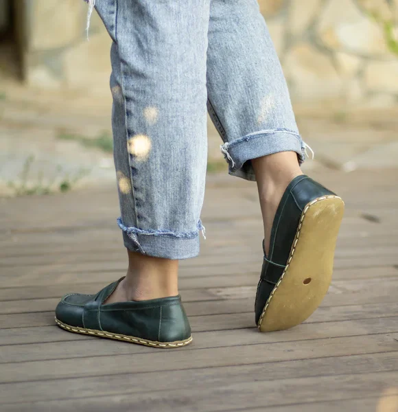 Handmade Green Barefoot Earthing Women Penny Loafers