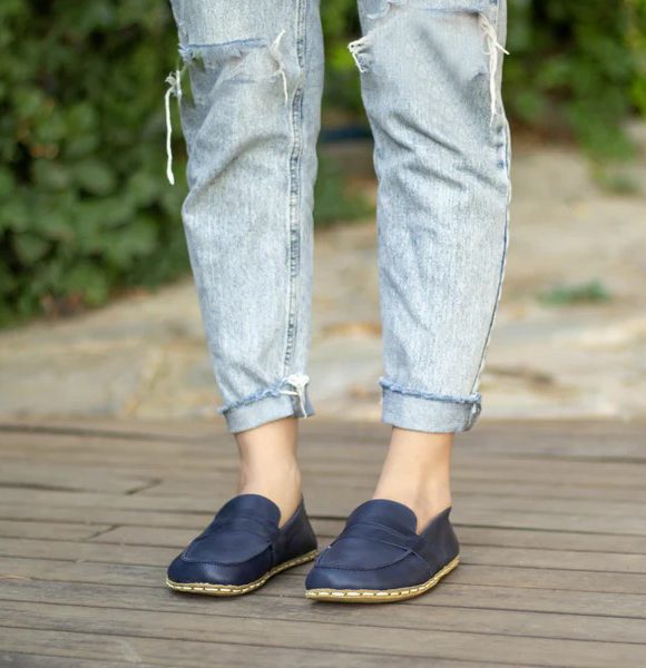 Handmade Navy Blue Barefoot Earthing Women Penny Loafers