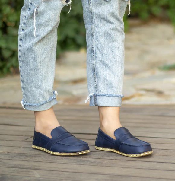 Handmade Navy Blue Barefoot Earthing Women Penny Loafers