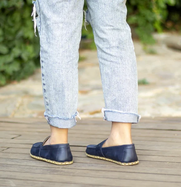 Handmade Navy Blue Barefoot Earthing Women Penny Loafers