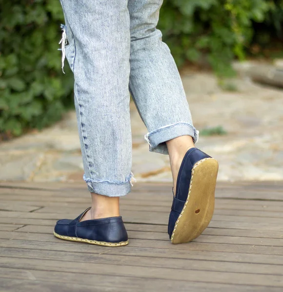 Handmade Navy Blue Barefoot Earthing Women Penny Loafers