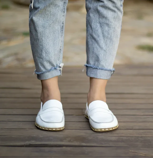 Handmade White Barefoot Earthing Women Penny Loafers