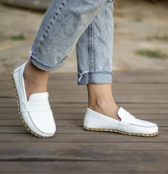 Handmade White Barefoot Earthing Women Penny Loafers