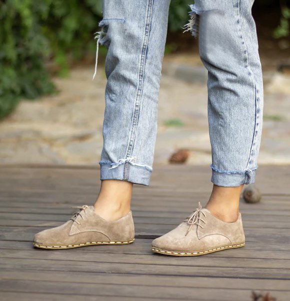 Women Handmade Suede Light Brown Barefoot Oxfords