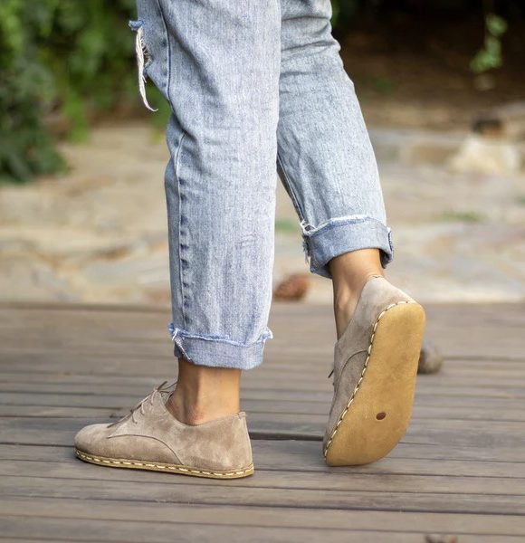 Women Handmade Suede Light Brown Barefoot Oxfords