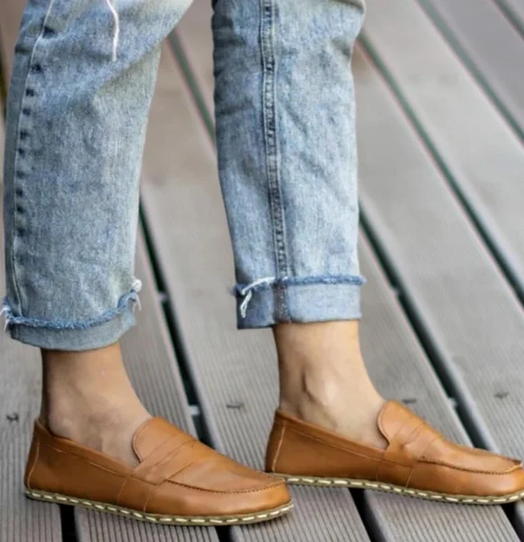Handmade-Mustard-Brown-Barefoot-Earthing-Womens-Penny-Loafers